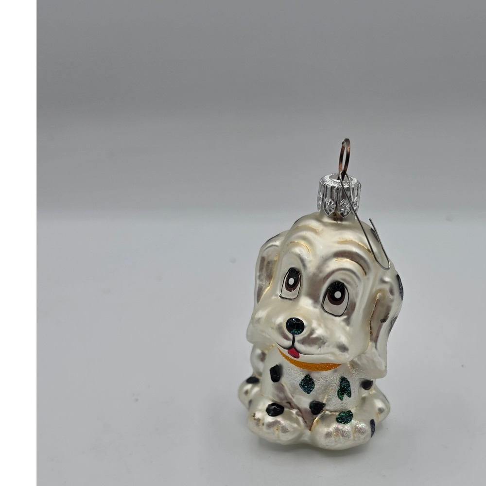 Vintage Style Blown Glass Dalmatian Dog Christmas Ornament White Black Glitter